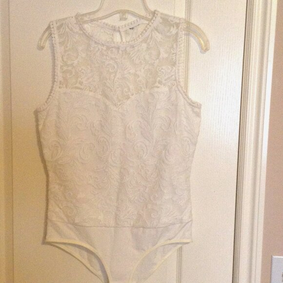 White Lace Bodysuit Women's Crew Neck Lingerie One Piece Cottage Core Sexy Bride - Picture 1 of 8